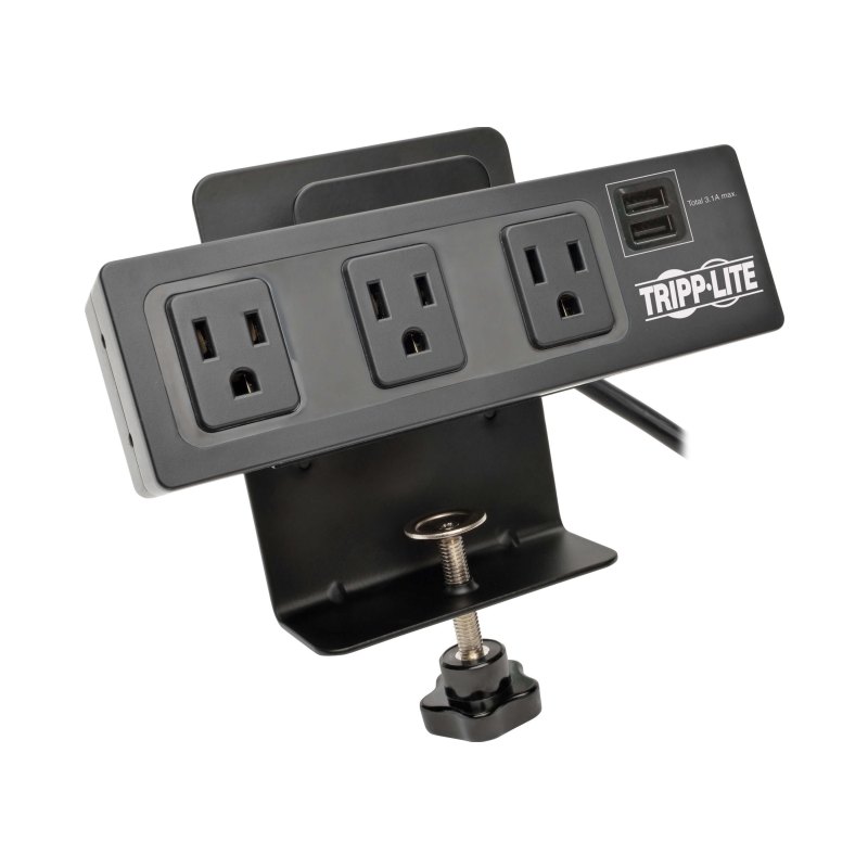 3Outlet Surge Protector Power Strip Clamp W/2Port Usb Charging