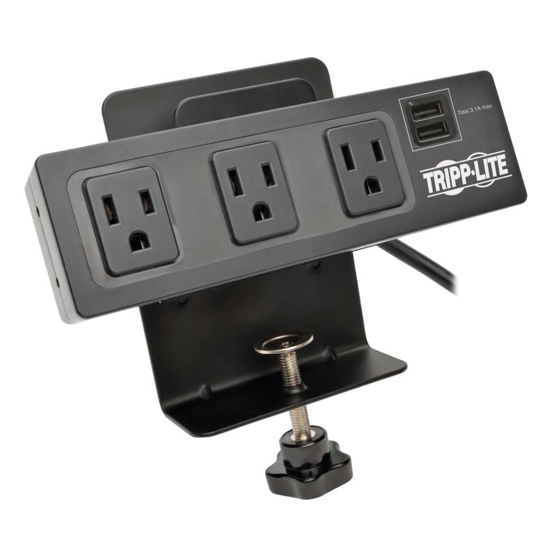 3Outlet Surge Protector Power Strip Clamp W/2Port Usb Charging