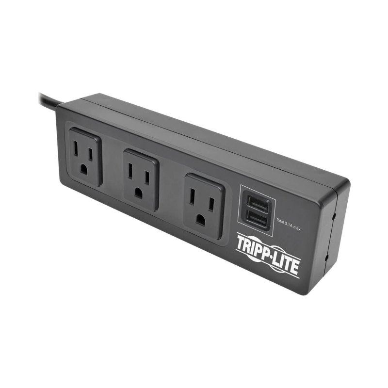 3Outlet Surge Protector Power Strip W/2-Port Usb Charging Black