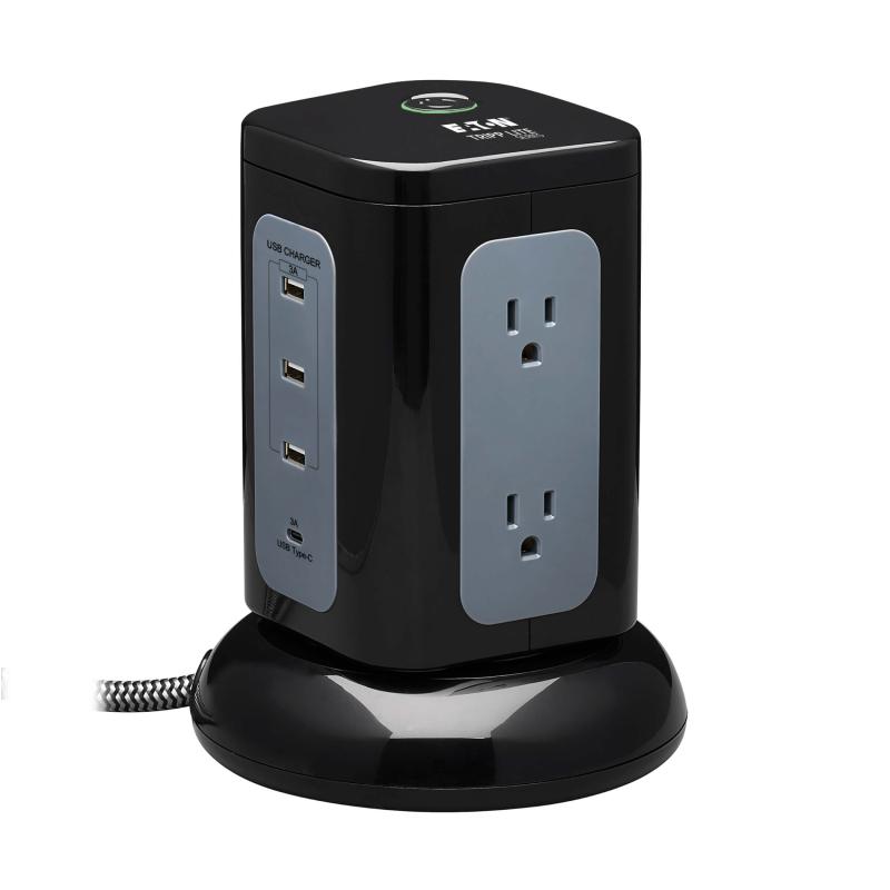 Surge Protector Tower 6Outlet 3X Usb-A 1X Usb C 8Ft Cord Black