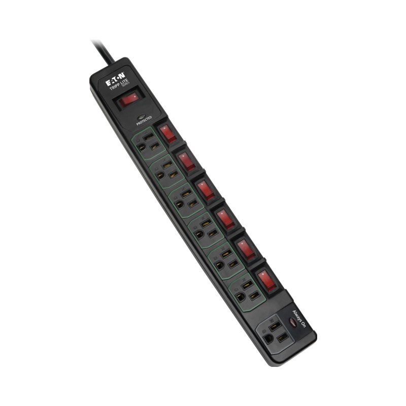 Eco Surge Protector Power Strip Green 7Outlet 6Ft Cord Black