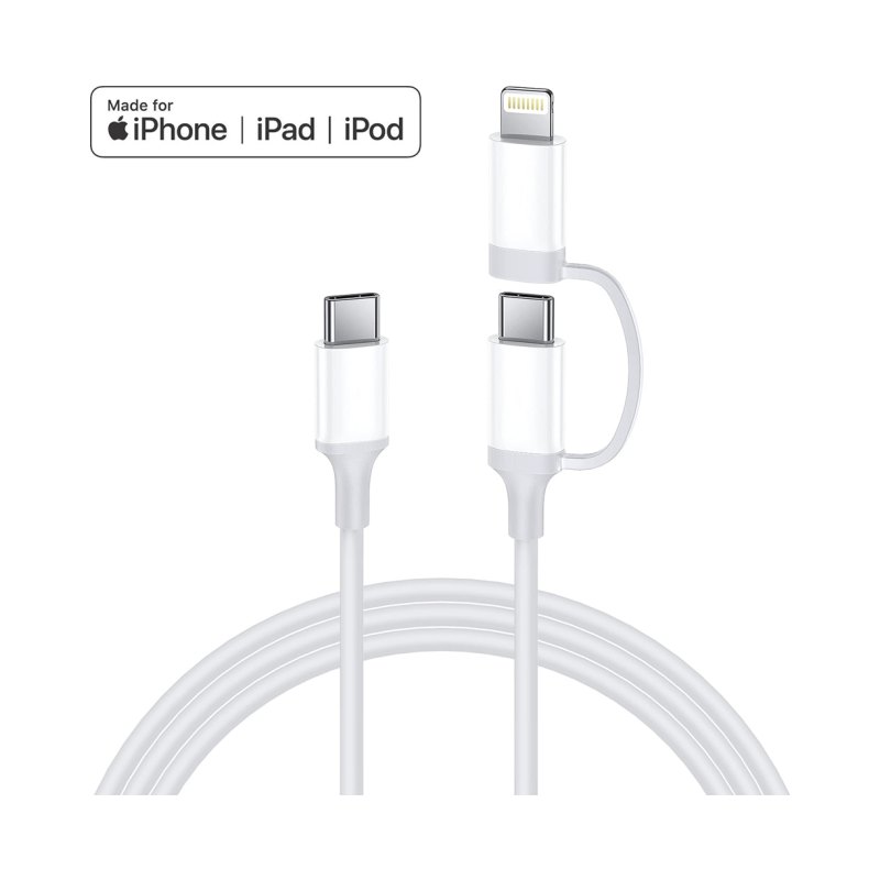 3Ft Usb-C To Usb-C + Lightning Mfi Cable Charge  Sync White