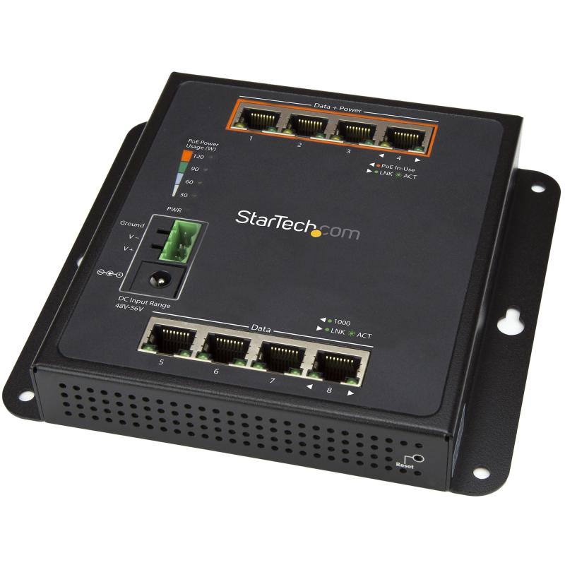 StarTech.com Switch Industriel POE Gigabit Ethernet 8 Ports - 4 ports PoE+ 30W - Switch Gbe Haute Puissance L2 administrable renforcé - Fixation Murale Rail DIN IP-30/ -40C° à 75C°