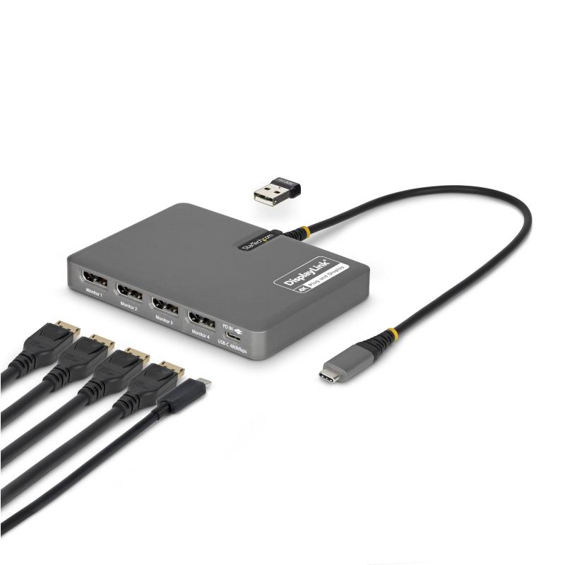 StarTech.com Adaptateur USB-C vers Station de Travail Quadruple Écran, DisplayPort 4K 60Hz, Passage PD 140W pour le Chargement d'Ordinateurs Portables, Port USB pour Clavier/Souris Sans Fil, TAA