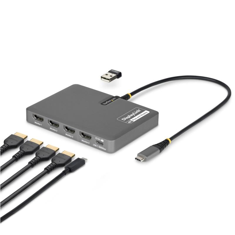 StarTech.com Adaptateur USB-C vers Station de Travail Quadruple Écran, HDMI 4K 60Hz, Passage PD 140W pour le Chargement d'Ordinateurs Portables, Port USB pour Clavier/Souris Sans Fil, TAA