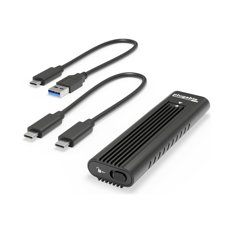 Plugable Technologies USB-C M.2 NVMe SSD Enclosure; Tool-Free & Driverless. USB 3 Type-C, including Thunderbolt and USB4, at 10Gbps. For M.2 NVMe SSDs 2230 to 2280 PCIe Gen 3 and 4. USB C and USB A cables included