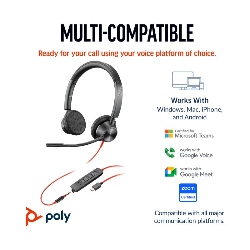 HP Poly Blackwire 3325 Stereo Microsoft Teams Certified USB-C Headset +3.5mm Plug +USB-C/A Adapter