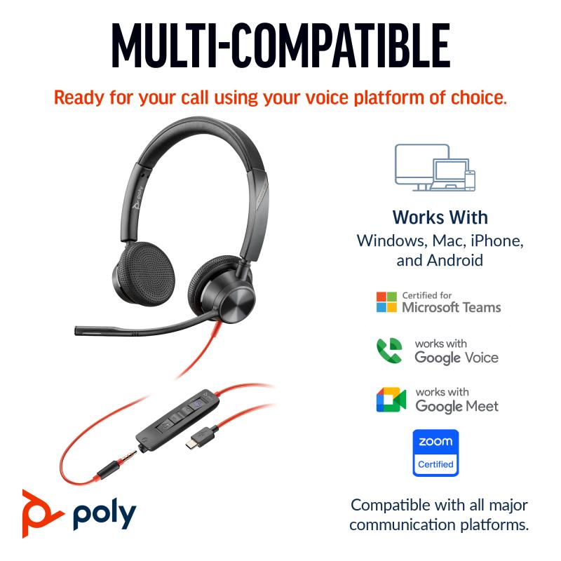 HP Poly Micro-casque Poly Blackwire 3325 stéréo USB-C certifié Microsoft Teams + connexion 3,5 mm + adaptateur USB-C/A