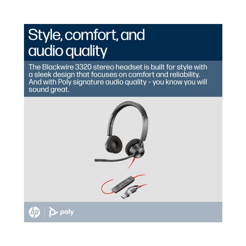 HP Poly Blackwire 3320 Stereo Microsoft Teams Certified USB-C Headset +USB-C/A Adapter