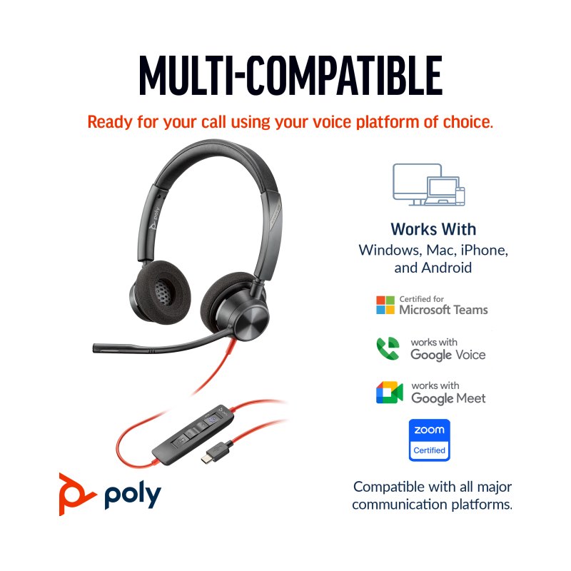 HP Poly Blackwire 3320 Stereo USB-C Headset +USB-C/A Adapter