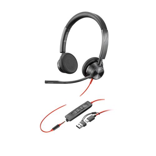 HP Poly Blackwire 3325 Stereo USB-C Headset +3.5mm Plug +USB-C/A Adapter