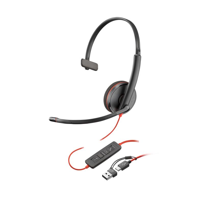 HP Poly Micro-casque monaural USB-C noir Poly Blackwire 3210 + adaptateur USB-C/A (lot)