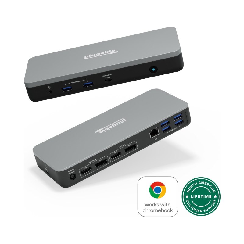 Plugable Technologies USB-C Dual Monitor Docking Station, Certified Works with Chromebook, 60W Charging