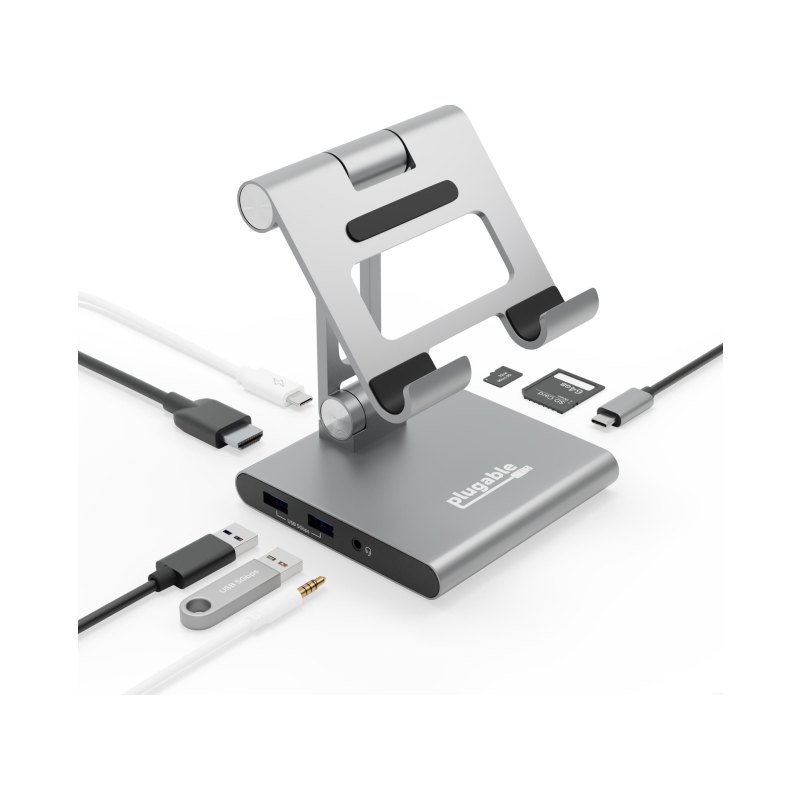 Plugable Technologies 8-in-1 USB C Hub for iPad with Stand, 100W Pass-Through Charging, USB C Docking Station for iPad, 1x HDMI, 2X USB, Audio, SD, Driverless, Compatible with Windows, iPadOS, Phones, Tablets