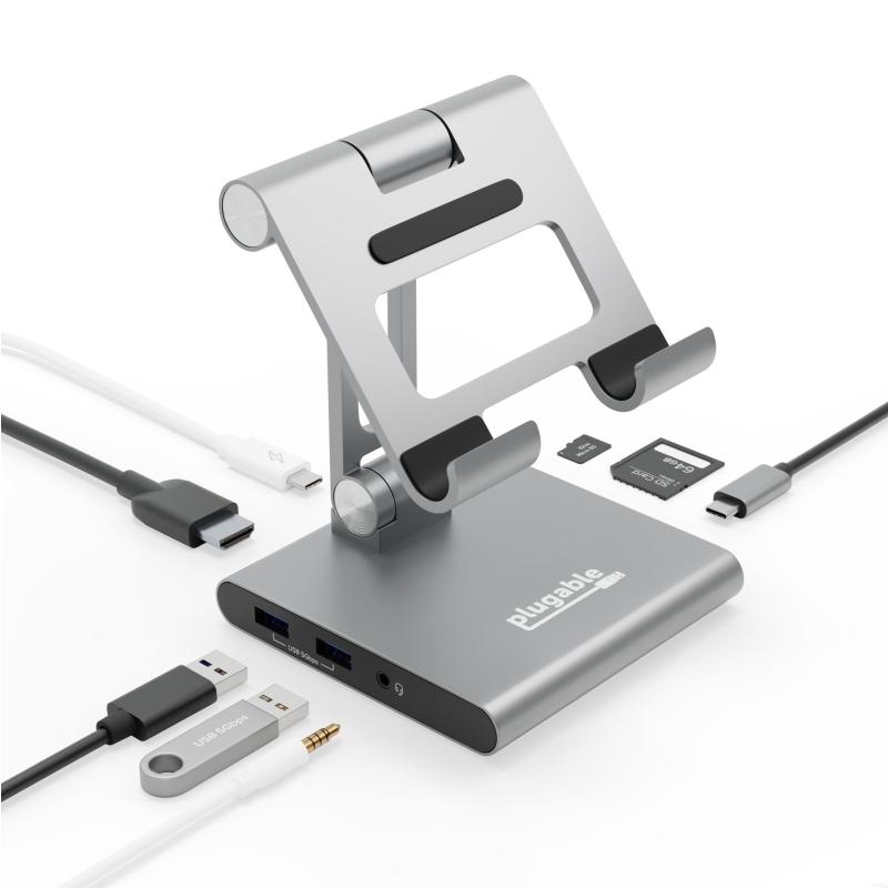 Plugable Technologies 8-en-1 Concentrateur USB-C pour iPad avec Support, Chargement Pass-Through 100W, Station d'Accueil USB-C pour iPad, 1x HDMI, 2X USB, Audio, SD, Sans Pilote, Compatible avec Windows, iPadOS, Téléphones, Tablettes