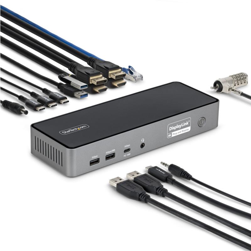 StarTech.com Station d'accueil USB-C triple écran, dock de charge pour ordinateur portable de 140 W pour MacBook Pro et Windows, 4K 60Hz HDMI ou DisplayPort, TAA