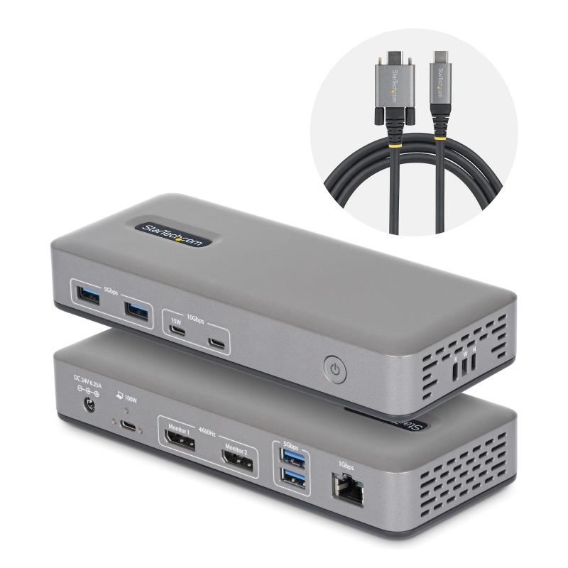 StarTech.com Dual-Monitor USB-C Docking Station, DisplayPort, 4K 60Hz, 100W Laptop Charging, 1GbE, Driverless, Multi-Monitor Dock For Windows