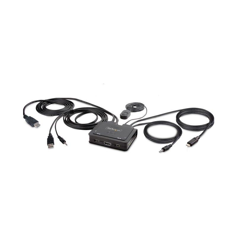 StarTech.com 2-Port Hybrid USB-C HDMI Cable KVM Switch, 4K 60Hz, Compact KVM with 6ft/1.8m USB-A/HDMI/Audio & 4ft/1.2m USB-C Integrated Host Cables, Bus Powered - Remote Push Button/Hotkey Switching