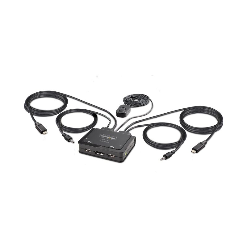StarTech.com Switch KVM à Câble Hybride USB-C DisplayPort à 2 Ports, 4K 60Hz - Commutateur KVM avec Câbles hôtes intégrés USB-C/DisplayPort/Audio de 1,2m - Switch KVM USB-C Alimenté par Bus, Commutation à distance