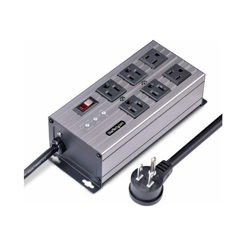 StarTech.com 6-Outlet Industrial Power Strip 125V/15A, EMI/RFI Isolation, Surge Protection, Mountable PDU, Attached 8ft/2.4m Cord, NEMA 5-15P/R, UL Listed, TAA