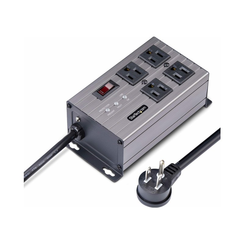 StarTech.com Bande de puissance industrielle 4 prises 125 V/15 A, isolation EMI/RFI, protection contre les surtensions, PDU montable, cordon de 8 pi/2,4 m, NEMA 5-15P/R, homologué UL, TAA