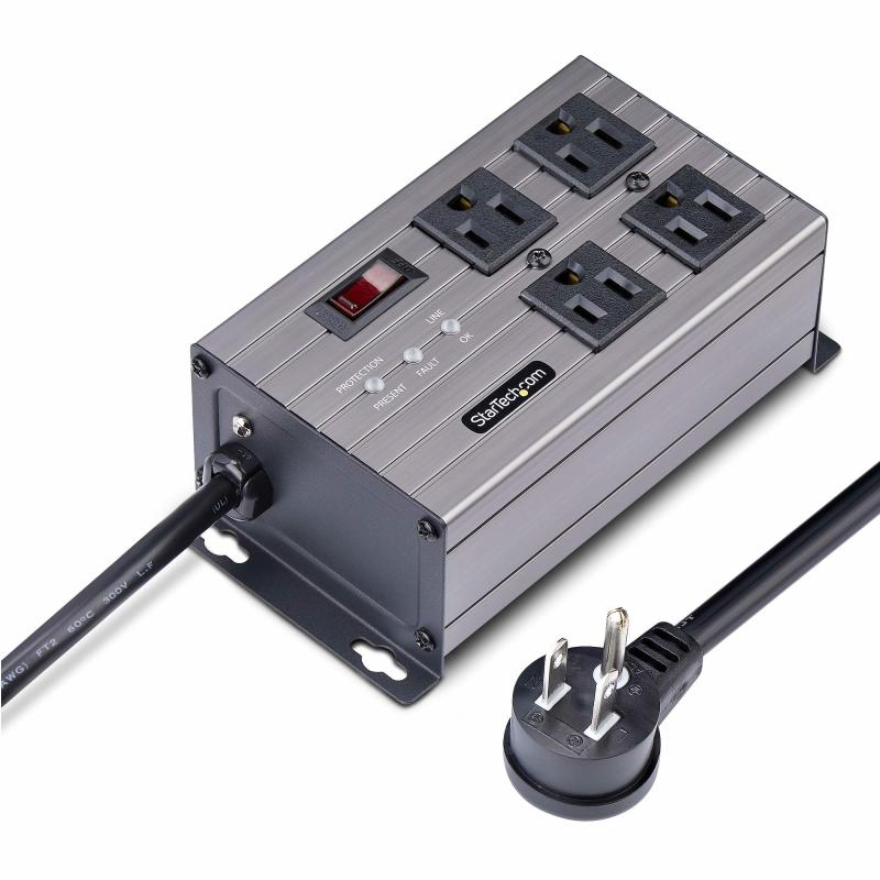 StarTech.com Bande de puissance industrielle 4 prises 125 V/15 A, isolation EMI/RFI, protection contre les surtensions, PDU montable, cordon de 8 pi/2,4 m, NEMA 5-15P/R, homologué UL, TAA