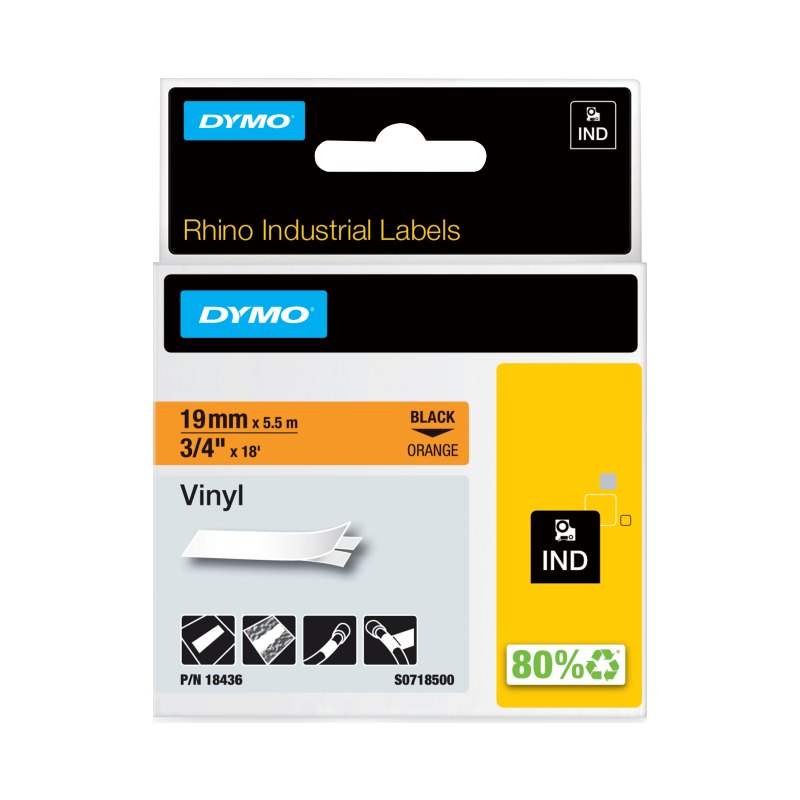 DYMO Rhino Industrial Vinyl Labels | 19 mm x 5.5 m | Black Print on Orange | Self-Adhesive | for Rhino & LabelManager Label Makers
