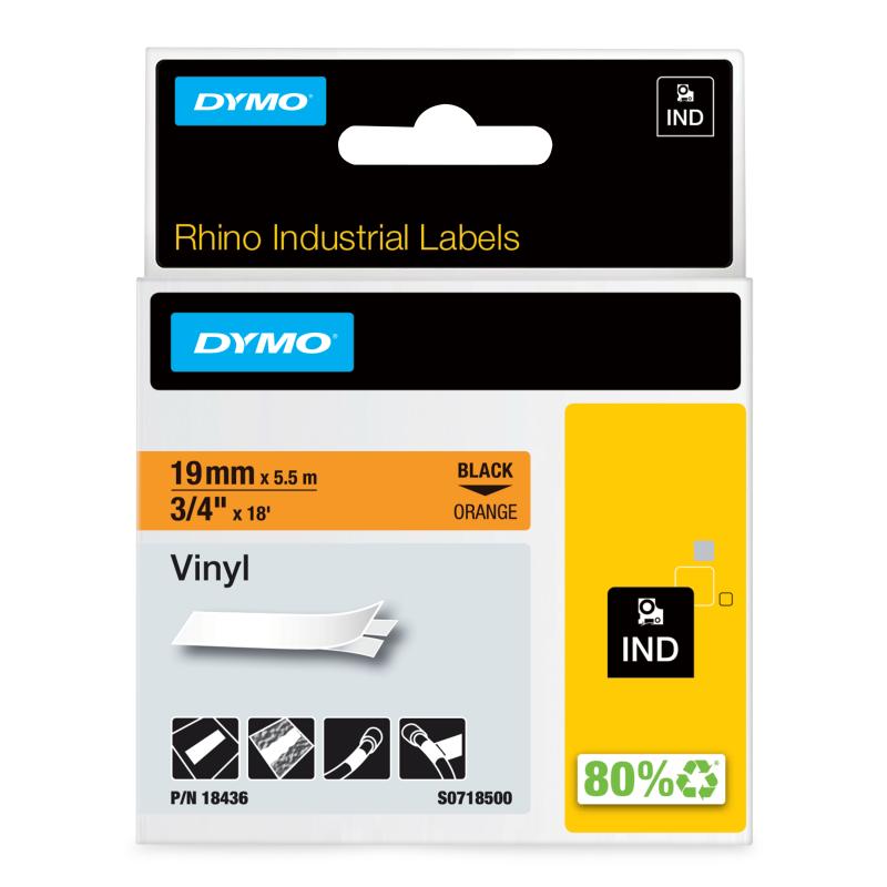 DYMO Rhino Étiquettes en vinyle industrielles | 19 mm x 5,5 m | autocollantes impression en noir sur fond orange | pour étiqueteuses Rhino et LabelManager