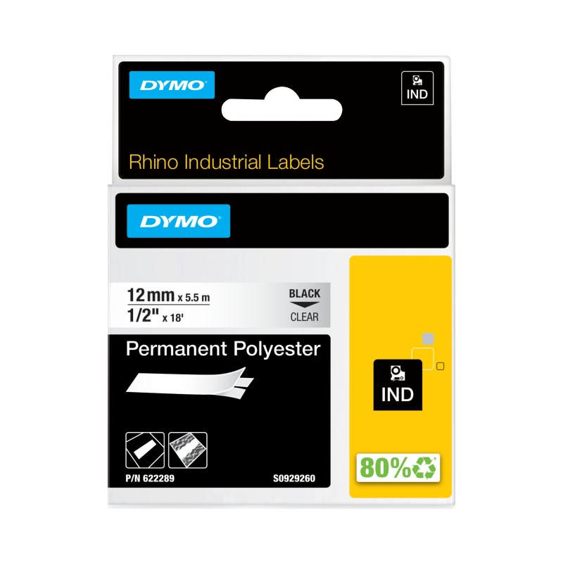 DYMO Rhino Industrial Permanent Polyester Labels | 12 mm x 5.5 m | Black Print on Clear | Self-Adhesive | for LabelManager & Rhino Label Makers