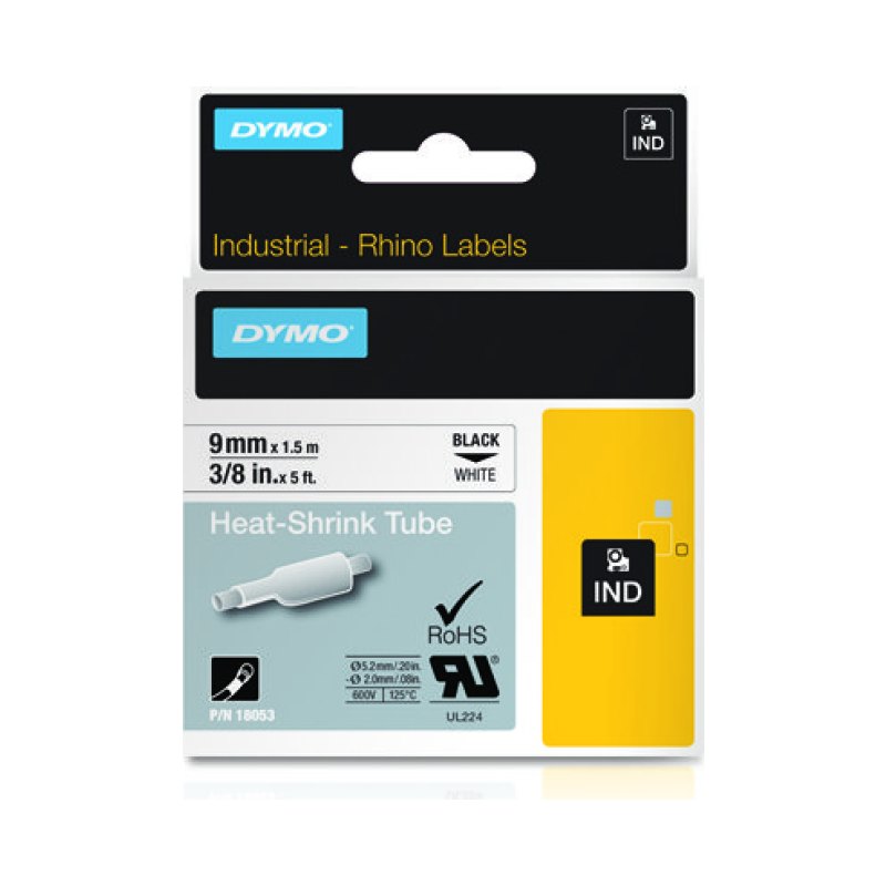 DYMO Etiquettes IND pour tubes thermorétractables - 9mm x 1,5m - Noir sur blanc