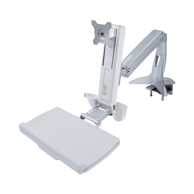 StarTech.com Sit-Stand Monitor Arm with Keyboard/Mouse Tray - Adjustable Desk Mount Sit-Stand Workstation Arm for Single 27" VESA Display - Ergonomic Articulating Standing Desk Converter - TAA