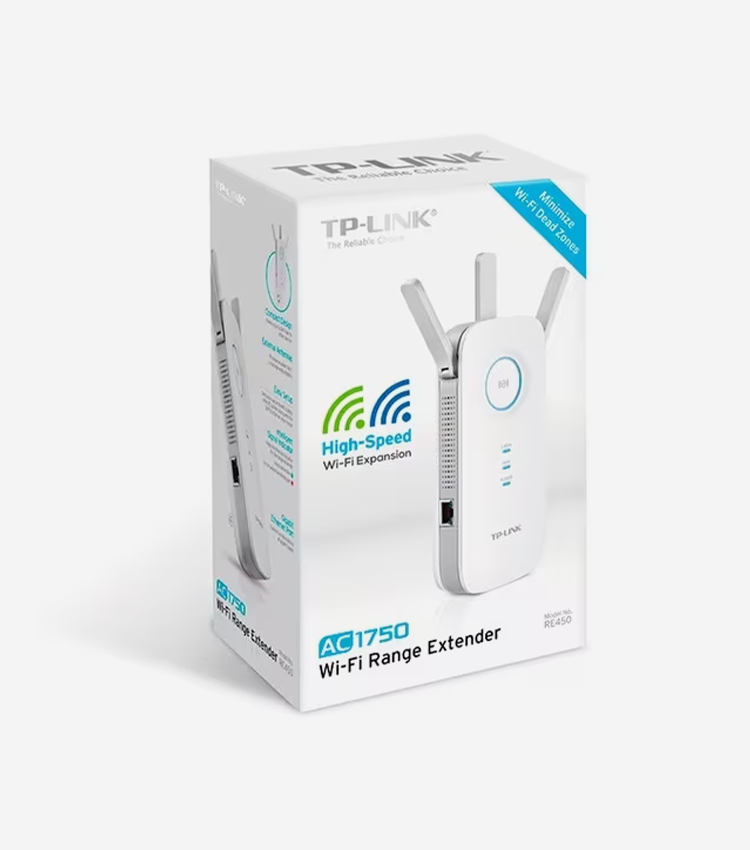 TP-Link RE450 IEEE 802.11ac 1.71 Gbit/s Wireless Range Extender - 2.40 GHz, 5 GHz - 3 x External Antenna(s) - External - 1 x Network (RJ-45) - Ethernet, Fast Ethernet, Gigabit Ethernet - 9 W - Wall Mountable