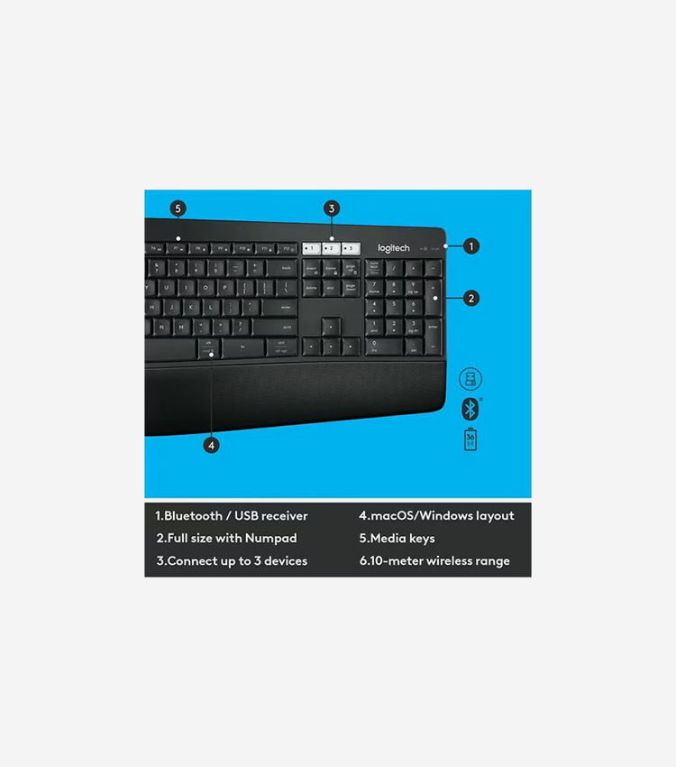 Logitech® MK850 Performance Wireless Keyboard and Mouse Combo - USB Wireless Bluetooth/RF Keyboard - USB Wireless Bluetooth/RF Mouse - Optical - 1000 dpi - Scroll Wheel - AAA, AA - Compatible with Desktop Computer, Smartphone, Notebook, Tablet for PC, Mac - 1 Each