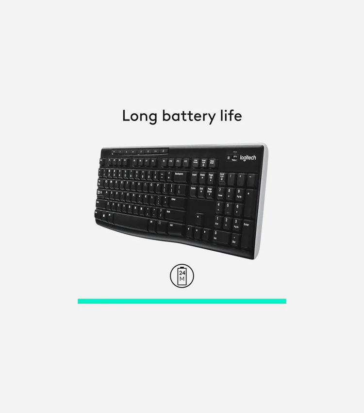 Logitech K270 Keyboard - Wireless Connectivity - RF - 33 ft (10058.40 mm) - 2.40 GHz - USB Interface - Computer - PC - AAA Battery Size Supported - Black