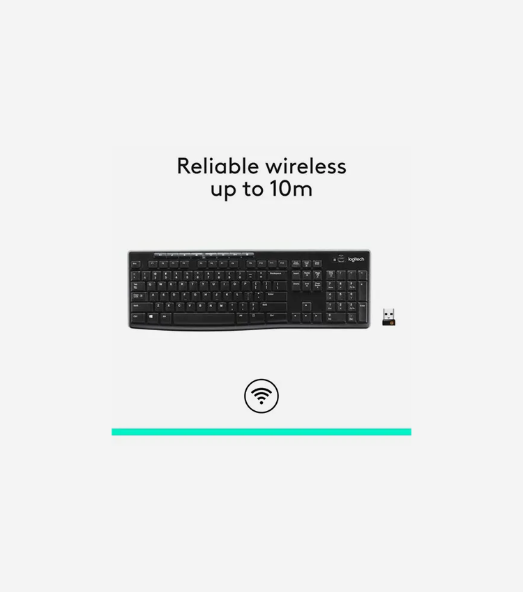 Logitech K270 Keyboard - Wireless Connectivity - RF - 33 ft (10058.40 mm) - 2.40 GHz - USB Interface - Computer - PC - AAA Battery Size Supported - Black