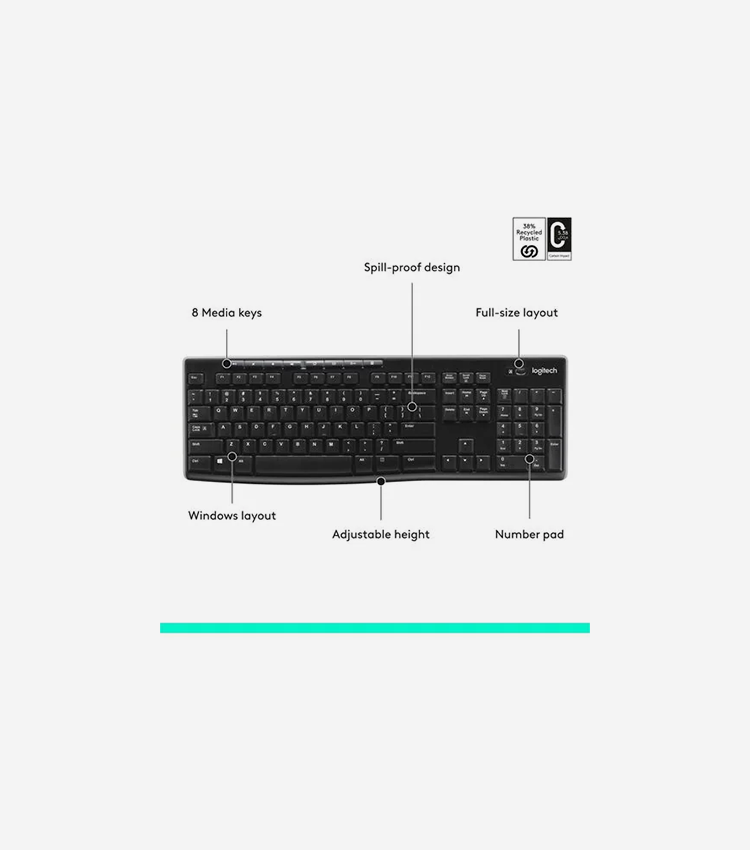 Logitech K270 Keyboard - Wireless Connectivity - RF - 33 ft (10058.40 mm) - 2.40 GHz - USB Interface - Computer - PC - AAA Battery Size Supported - Black