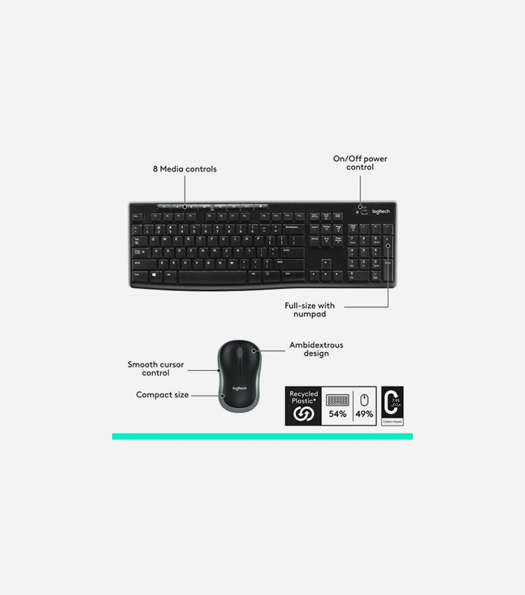 Logitech MK270 Wireless Keyboard and Mouse Combo for Windows, 2.4 GHz Wireless, Compact Mouse, 8 Multimedia and Shortcut Keys, 2-Year Battery Life, for PC, Laptop - USB Wireless RF 2.40 GHz Keyboard - English - Black - USB Wireless RF Mouse - Optical - Scroll Wheel - Black - Multimedia, Internet Key, Email, Play/Pause, Volume Control, On/Off Switch Hot Key(s) - AA, AAA for PC - Retail - 1 Each