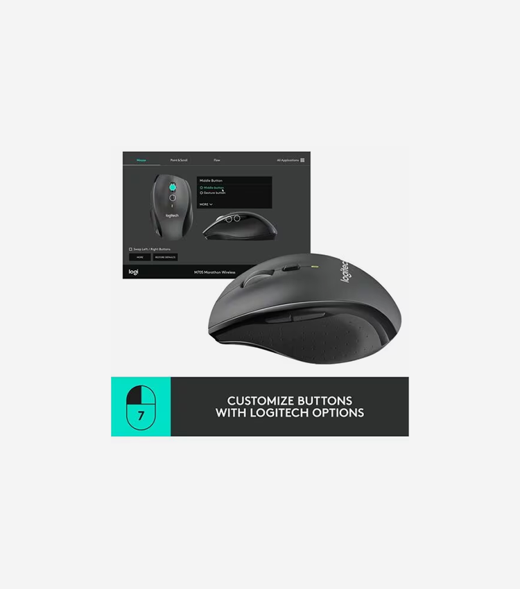 Logitech M705 Marathon Wireless Mouse, 2.4 GHz USB Unifying Receiver, 1000 DPI, 5-Programmable Buttons, 3-Year Battery, Compatible with PC, Mac, Laptop, Chromebook - Black - Laser - Wireless - 32.81 ft (10000 mm) - 2.40 GHz - Silver - 1 Each - USB - 1000 dpi - Scroll Wheel - 8 Button(s) - Right-handed - 2 x AA Battery Supported