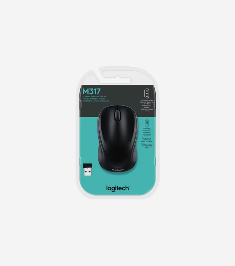 Logitech M317 Mouse - Optical - Wireless - Black - 1 - USB - Scroll Wheel - 2 Button(s) - Symmetrical