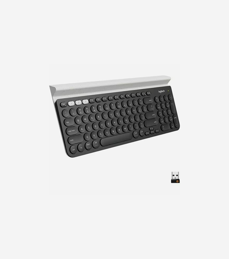 Logitech K780 Multi-Device Wireless Keyboard - Wireless Connectivity - Bluetooth - 33 ft (10058.40 mm) - 2.40 GHz - USB Interface Home, Search, Back, App Switch, Easy-Switch, On/Off Switch Hot Key(s) - ChromeOS - English, French - QWERTY Layout - Tablet, Computer - Mac, PC - AAA Battery Size Supported - White