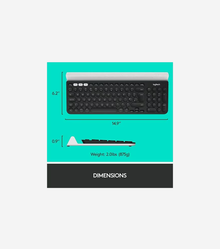 Logitech K780 Multi-Device Wireless Keyboard - Wireless Connectivity - Bluetooth - 33 ft (10058.40 mm) - 2.40 GHz - USB Interface Home, Search, Back, App Switch, Easy-Switch, On/Off Switch Hot Key(s) - ChromeOS - English, French - QWERTY Layout - Tablet, Computer - Mac, PC - AAA Battery Size Supported - White