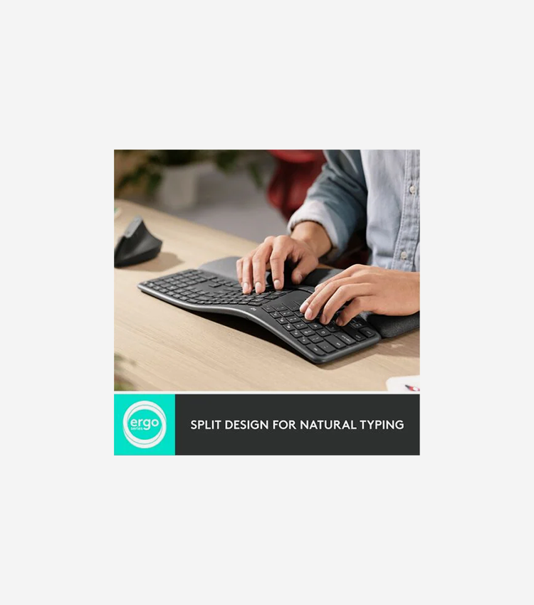 Logitech ERGO K860 Split Ergonomic Keyboard - Wireless Connectivity - Bluetooth/RF - 32.81 ft (10000 mm) - 2.40 GHz - USB Interface - Windows, Mac OS - AAA Battery Size Supported - Black