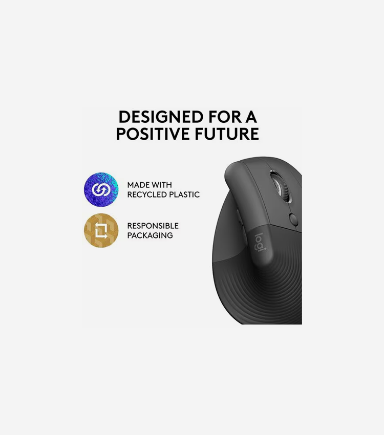 Logitech Lift Vertical Ergonomic Mouse (Graphite) - Optical - Wireless - Bluetooth - Graphite - USB - 4000 dpi - Scroll Wheel - 6 Button(s) - Small/Medium Hand/Palm Size