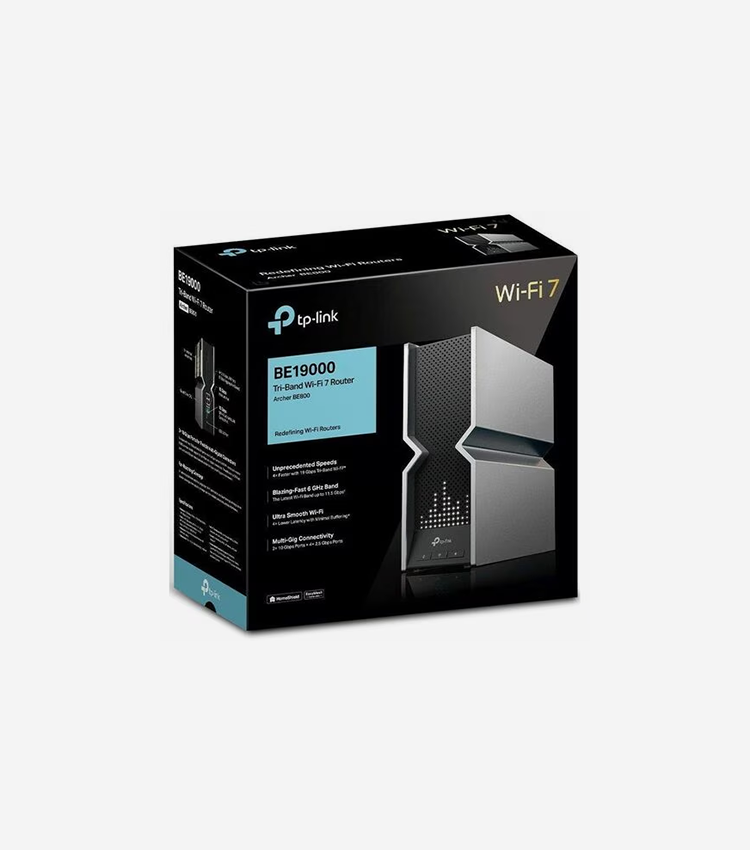 TP-Link Archer BE800 Wi-Fi 7 IEEE 802.11be Ethernet Wireless Router - Tri Band - 2.40 GHz ISM Band - 5 GHz UNII Band - 8 x Antenna(8 x Internal) - 2.38 GB/s Wireless Speed - 5 x Network Port - 1 x Broadband Port - USB - 2.5 Gigabit Ethernet - VPN Supported