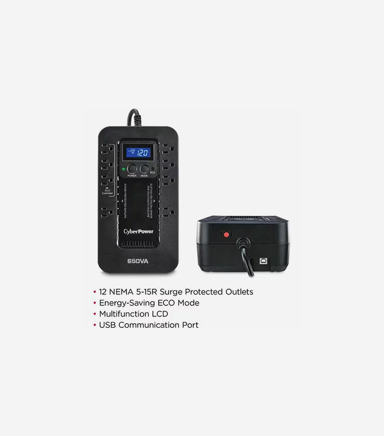 CyberPower EC650LCD Ecologic UPS Systems - 120 VAC, NEMA 5-15P, Compact, 8 Outlets, LCD, PowerPanel® Personal, $100000 CEG, 3YR Warranty