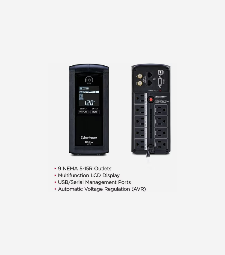 CyberPower UPS Systems CP850AVRLCD Intelligent LCD - Capacity: 850 VA / 510 W - 850VA/510W Line Interactive UPS, Mini-tower, 9 Outlets, AVR, LCD, Serial/USB, 3 Yr Wty