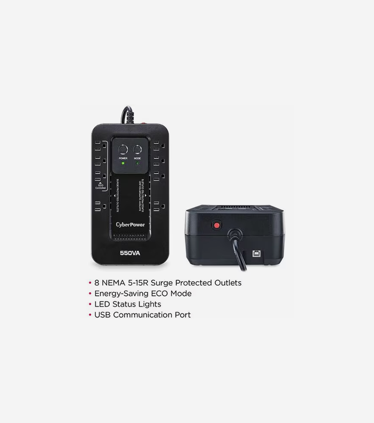 CyberPower UPS Systems EC550G Ecologic - Capacity: 550 VA / 330 W - Compact - 8 Hour Recharge - 2 Minute Stand-by - 120 V AC Input - 120 V AC Output - Simulated Sine Wave - USB - 8 x NEMA 5-15R - 4 x Battery/Surge Outlet