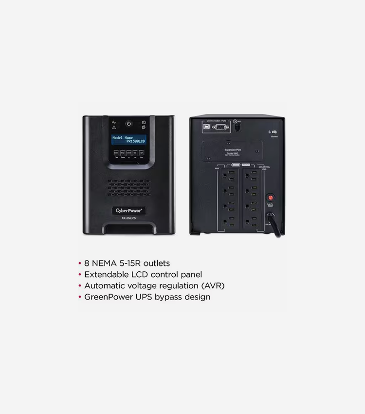 CyberPower Smart App Sinewave PR1500LCD 1500VA Pure Sine Wave Mini-Tower LCD UPS - Mini-tower - AVR - 3 Hour Recharge - 4.70 Minute Stand-by - 120 V AC Input - 120 V AC Output - 8 x NEMA 5-15R - Serial Port - USB