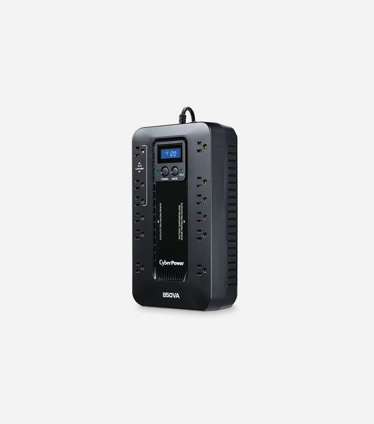 CyberPower UPS Systems EC850LCD Ecologic - Capacity: 850 VA / 510 W - Compact - 8 Hour Recharge - 2.30 Minute Stand-by - 120 V AC Input - 120 V AC Output - Simulated Sine Wave - USB - LCD Display - 12 x NEMA 5-15R - 6 x Battery/Surge Outlet