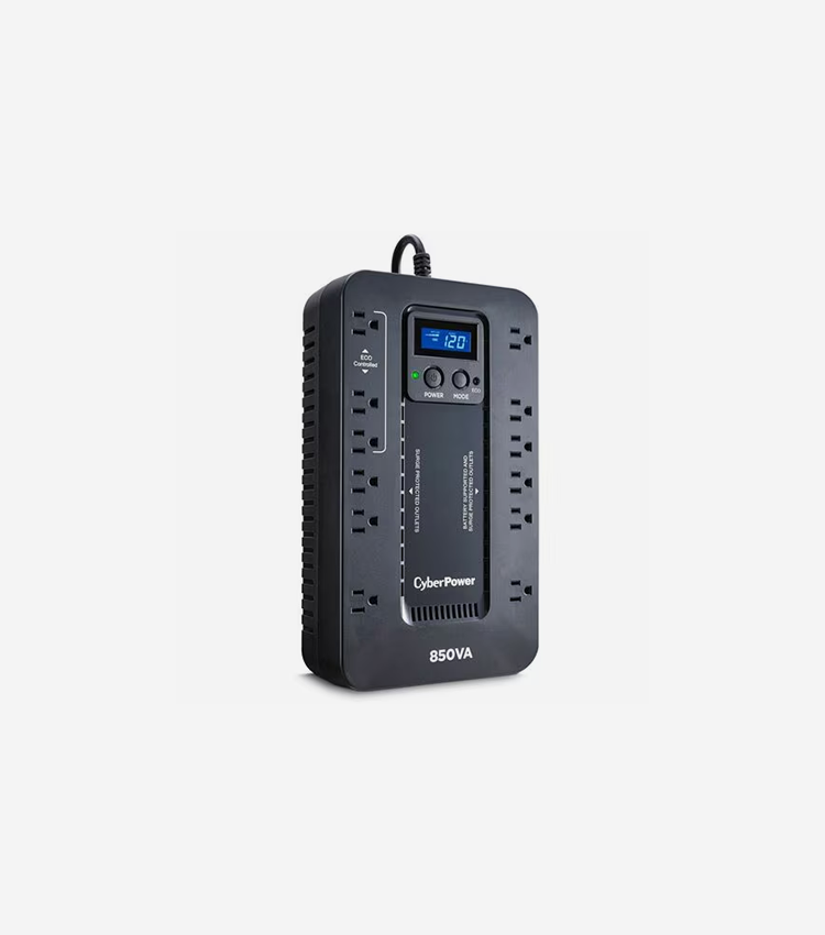 CyberPower UPS Systems EC850LCD Ecologic - Capacity: 850 VA / 510 W - Compact - 8 Hour Recharge - 2.30 Minute Stand-by - 120 V AC Input - 120 V AC Output - Simulated Sine Wave - USB - LCD Display - 12 x NEMA 5-15R - 6 x Battery/Surge Outlet